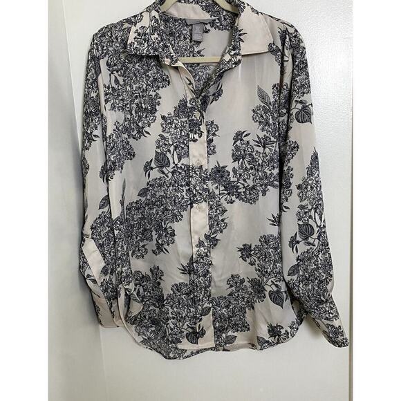 H&M Cream/Black Floral Long Sleeve Blouse - Sz. Small (EUC) - Picture 1 of 4